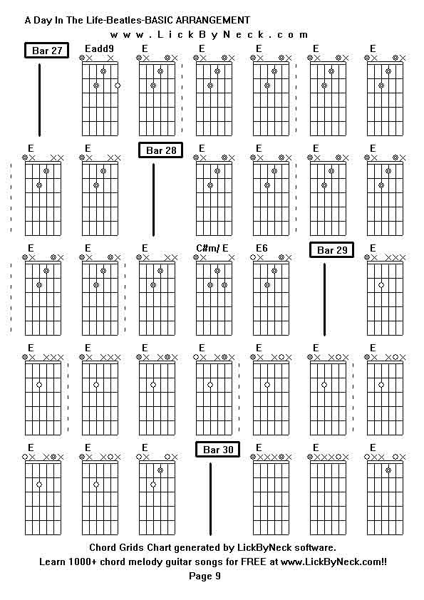 Chord Grids Chart of chord melody fingerstyle guitar song-A Day In The Life-Beatles-BASIC ARRANGEMENT,generated by LickByNeck software.